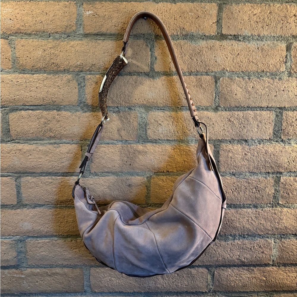 Yves Saint Laurent Lilac Suede Hobo Shoulder Bag with Brown Strap
